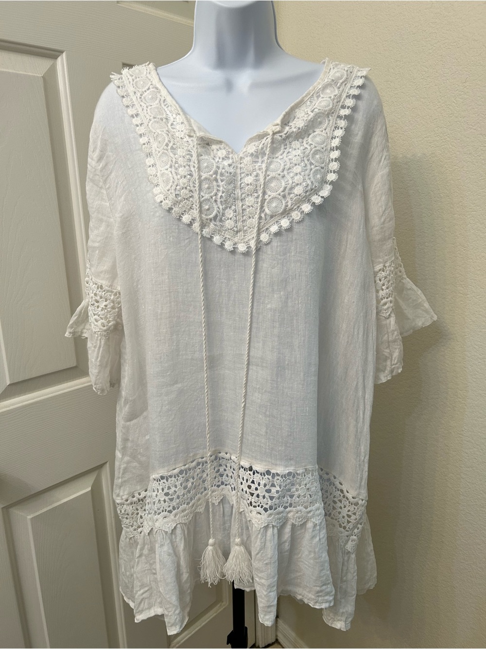 Made in Italy 100% Linen Tunic Top Boho Crochet Lace Trim Tassel Tie One Size